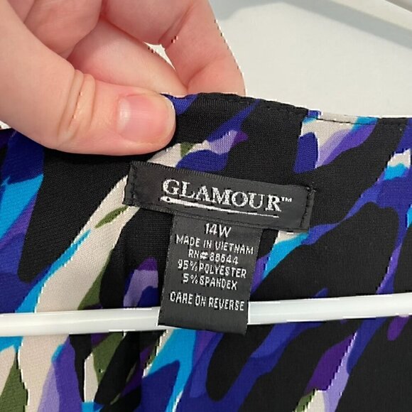 GLAMOUR Plus Size Blue Purple Multi Geometric Surplice Work Midi Fit Flare Dress - Picture 3 of 12